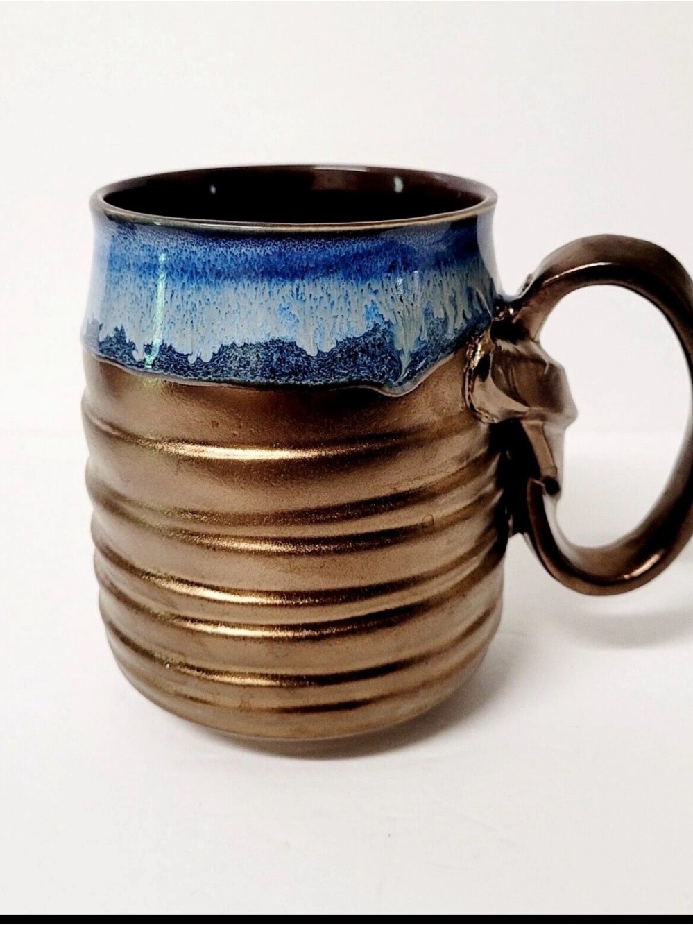 Roscher Artisan Stoneware Mug Metallic Bronze Blue Drip Glaze Knot Handle 16oz